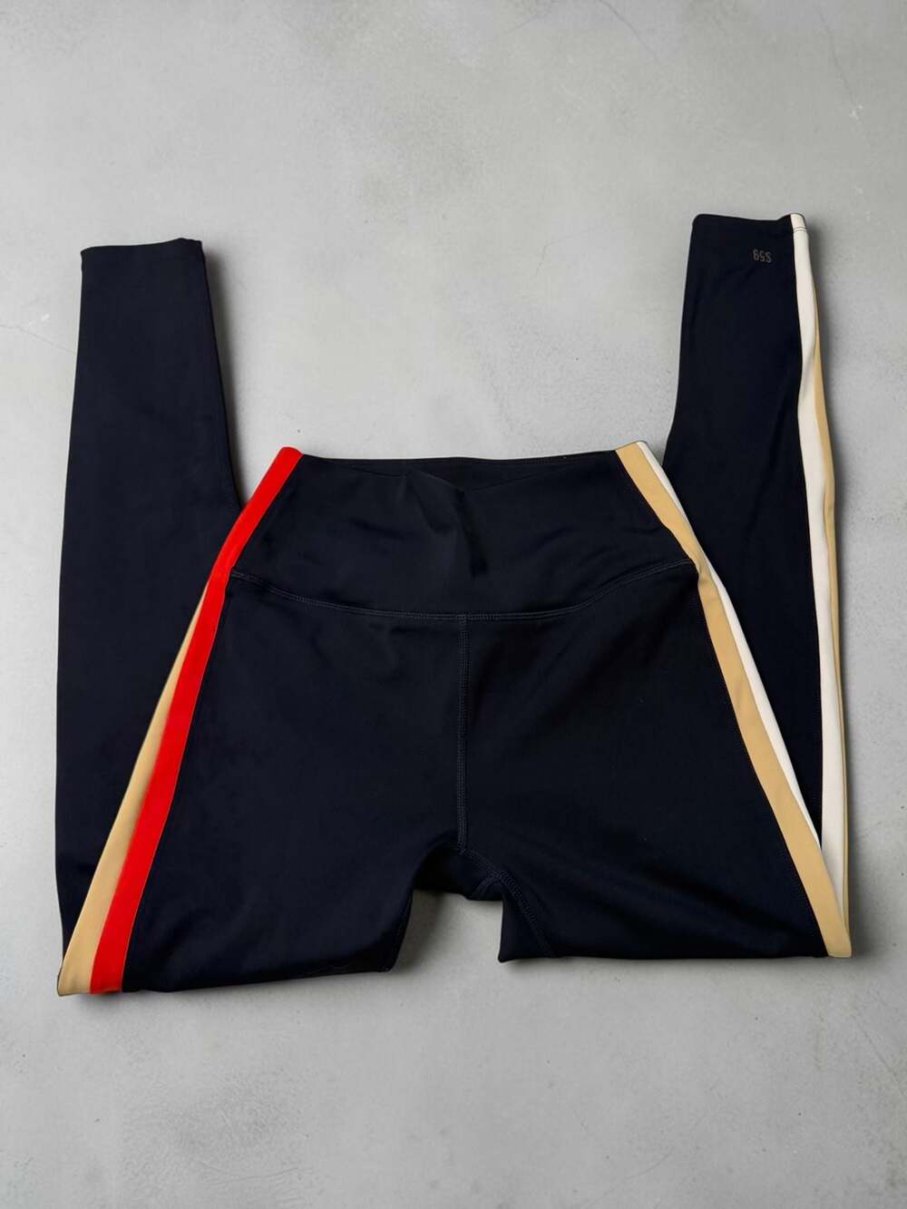 Splits59 Black Leggings with Red and Beige Side Stripes